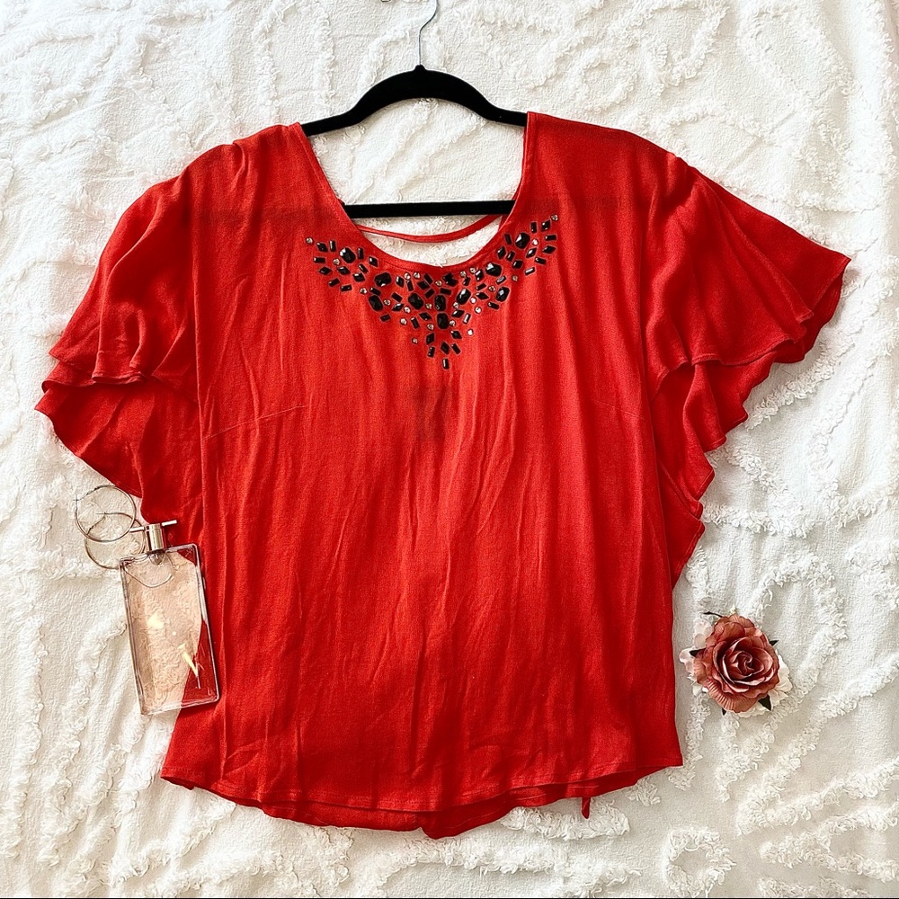 Orange Blouse with Beaded Neckline & Low Back